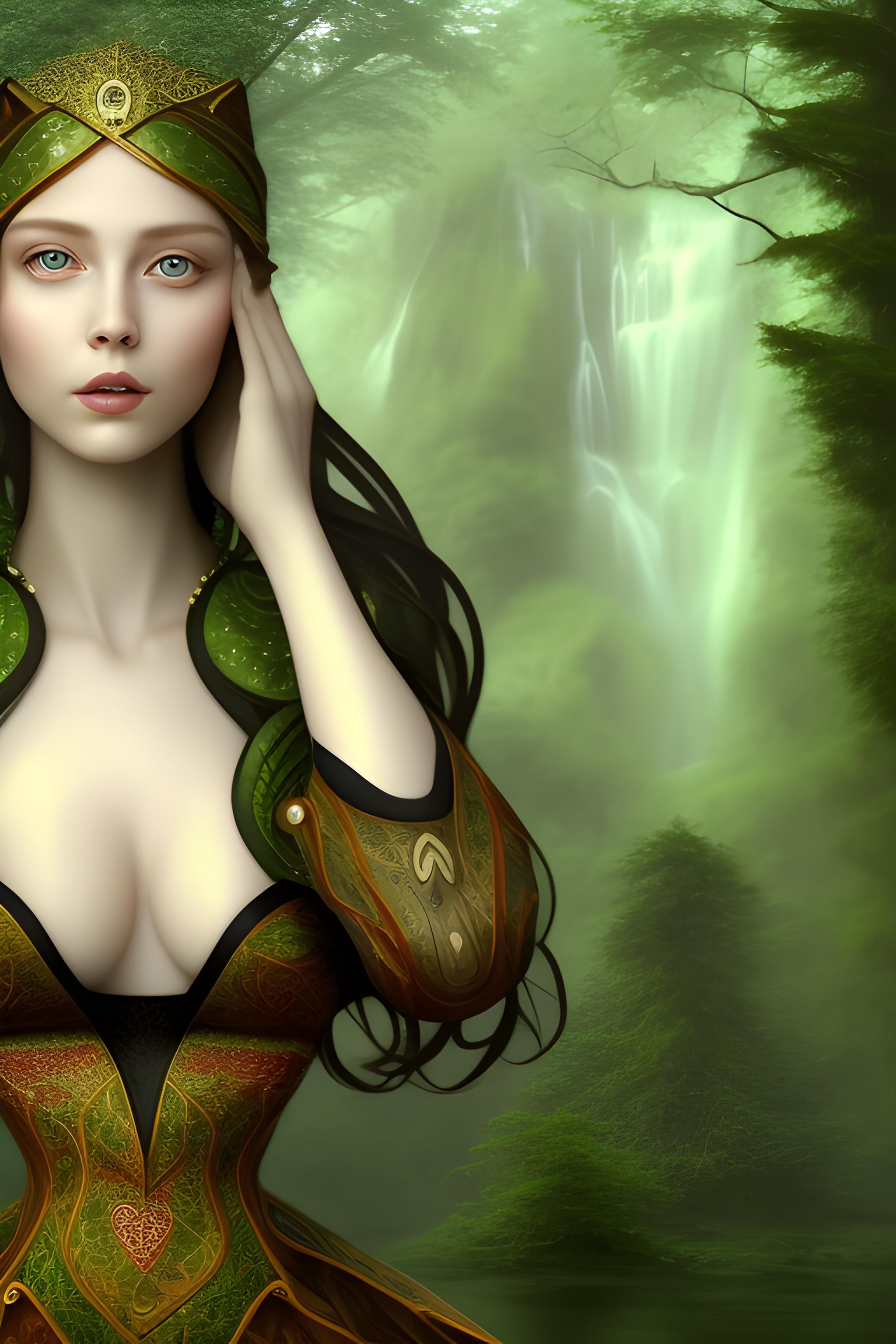 A pretty and shapely driad, in a forest. She has bark skin like a tree, of different green and maroon shades. the style is as a painting but realistic. there is a waterfall in the far background. she has green eyes, with a very faint glow. The head also is tree-like for the skin, but still very beautiful. we can see her in full in the forest scene. she looks like driads of the video game the witcher
